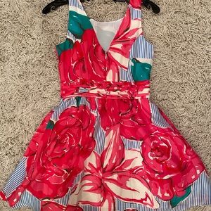 Pink flowers and blue stripped dress